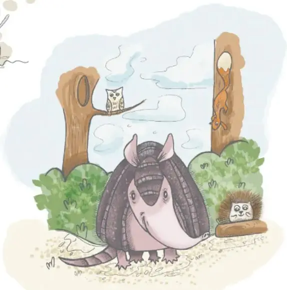 Ilustración circular del armadillo convertido en pelota de tejido, rodeado de hojas verdes y una madeja de lana.