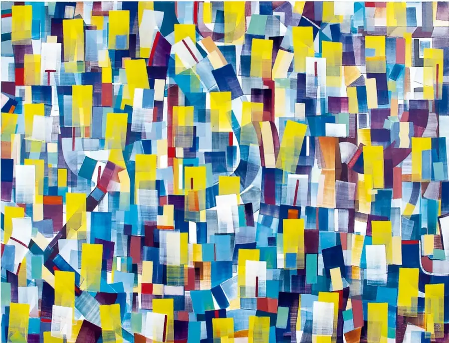 Pintura abstracta Eco (2012) de Mario Núñez: gran composición de rectángulos y cuadrados superpuestos en amarillo, azul, blanco y morado, con pequeños acentos rojos y naranjas; no hay figuras reconocibles.