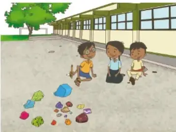 Ilustración de tres niños en el patio de una escuela, junto a un pasillo con columnas, construyendo una instalación con piedras de colores y objetos del entorno. Crédito: Maya Selene García López, CIUDAD DE MÉXICO.