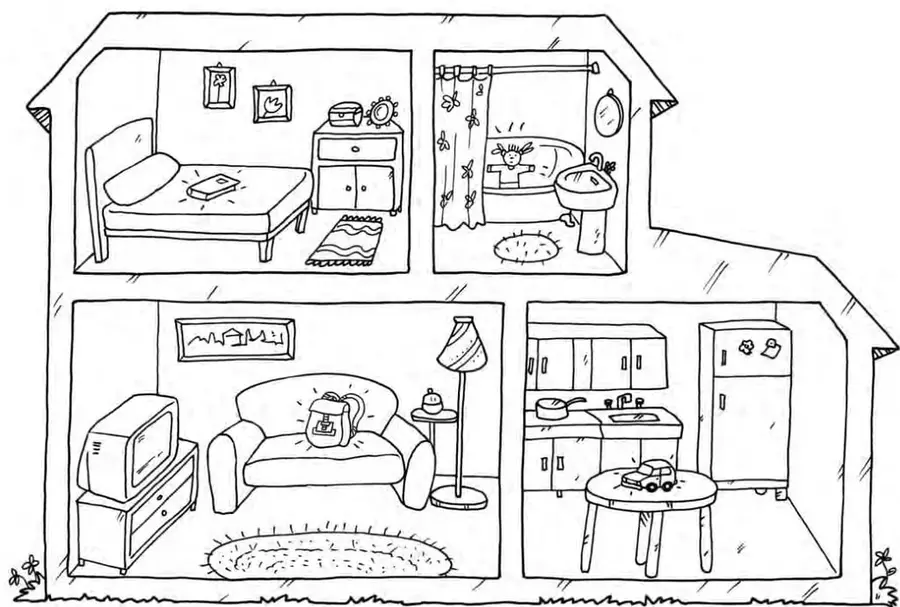 Casa en corte con cuatro habitaciones: dormitorio (cama, velador, alfombra), baño (tina, lavamanos, cortina), sala de estar (sofá, televisor, lámpara) y cocina (refrigerador, cocina, mesa).