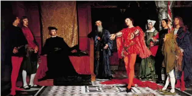 Cuadro de Wladyslaw Czachórski (1875): Hamlet en la corte con una compañía de actores; escena del Acto 2, Escena 2, donde recluta a los cómicos.