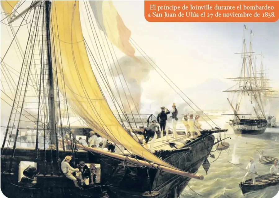 Pintura que muestra al príncipe de Joinville durante el bombardeo a San Juan de Ulúa el 27 de noviembre de 1838, con barcos franceses y marinos en acción.