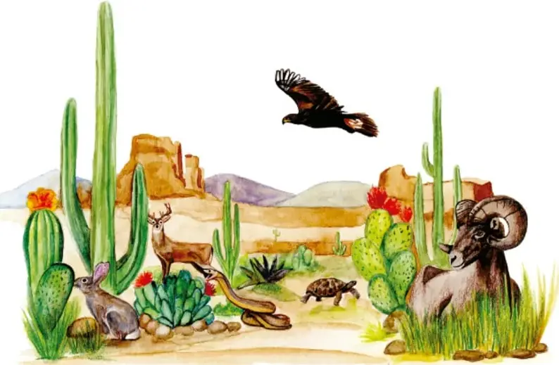 Ilustración acuarela de un desierto mexicano con cactus columnares, nopal con flores, agave, un venado bura, un conejo, una serpiente, una tortuga del desierto, un borrego cimarrón y un ave rapaz volando (águila o halcón); crédito: Ana Teresa Zayas Chavira, MICHOACÁN.