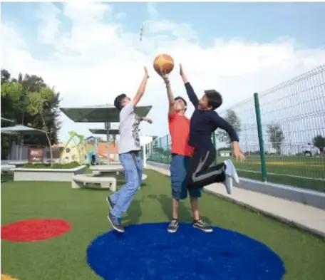 Fotografía de tres jóvenes jugando basketball en una cancha al aire libre, saltando para alcanzar el balón; representa las actividades recreativas al aire libre.
