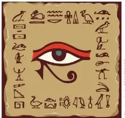 Esquema coloreado del ojo de Horus con las fracciones $\frac{1}{2}$, $\frac{1}{4}$, $\frac{1}{8}$, $\frac{1}{16}$, $\frac{1}{32}$ y $\frac{1}{64}$.