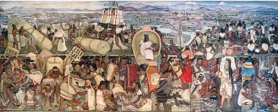 Mural *El mercado de Tlatelolco* (1945) de Diego Rivera, con múltiples figuras indígenas comerciando en un mercado prehispánico, en el Palacio Nacional.