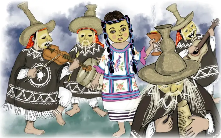 Ilustración de varios huehuentones con máscaras de viejos, sombreros de palma y capas negras con bordados blancos, tocando violín, tambor y guitarra, junto a una niña mazateca de trenzas con huipil bordado; uno de los viejos carga un sahumerio humeante (Ana Lucía Zamudio González, Nebu).