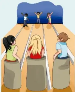 Ilustración de niños participando en una carrera de encostalados sobre líneas paralelas.