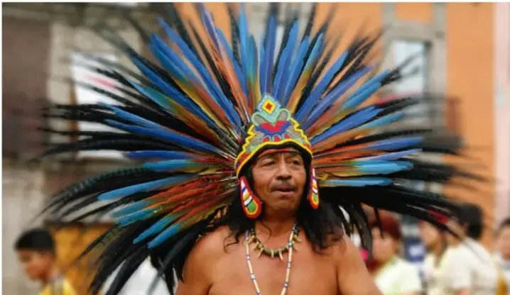 Hombre indígena mexicano con un gran penacho de plumas de colores (azules, rojas, verdes y amarillas), collar de cuentas y colmillos, en un contexto de festividad o danza tradicional.