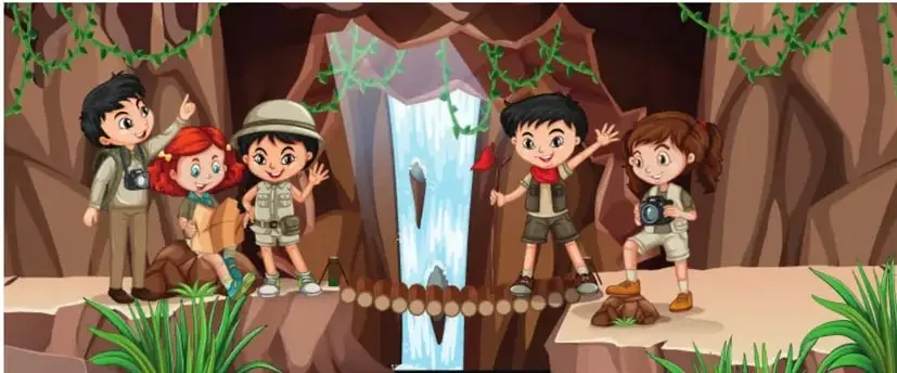 Ilustración de niños exploradores en una cueva con cascada y vegetación.