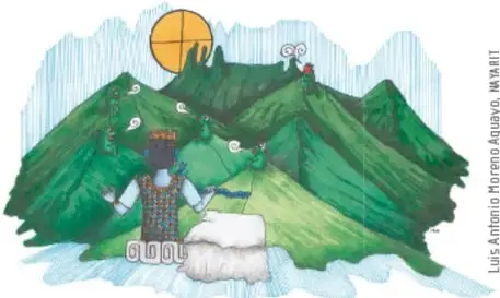 Ilustración de una montaña con figuras humanas, relacionada con el espacio del cuento.