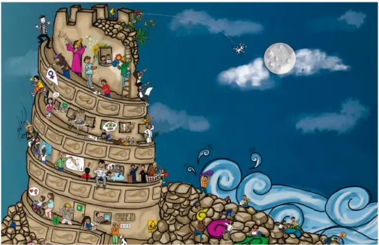 Ilustración de una torre de piedra en espiral, muy poblada, junto al mar con olas, bajo un cielo nocturno con luna llena.