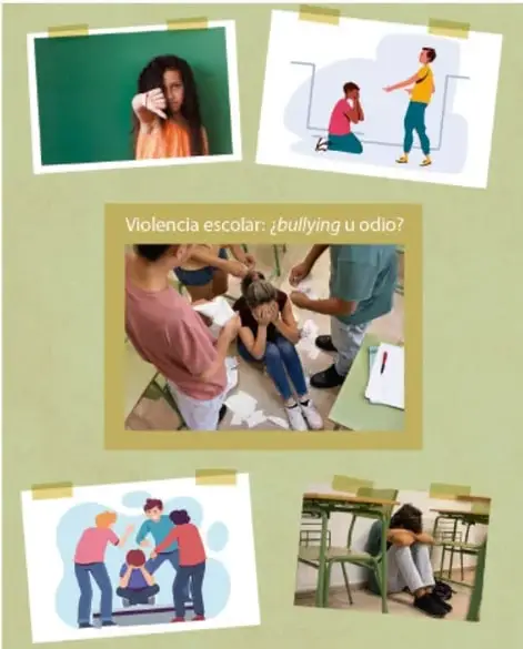 Collage de ejemplo titulado «Violencia escolar: ¿bullying u odio?» con fotografías e ilustraciones de agresiones escolares, una persona agredida, un grupo confrontando a otro y una estudiante sentada sola en un salón de clases, sujetas con cinta adhesiva sobre fondo verde.