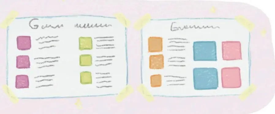 Dos cuadernos o guías escolares con recuadros de colores y líneas de texto, que representan la elaboración de la guía.
