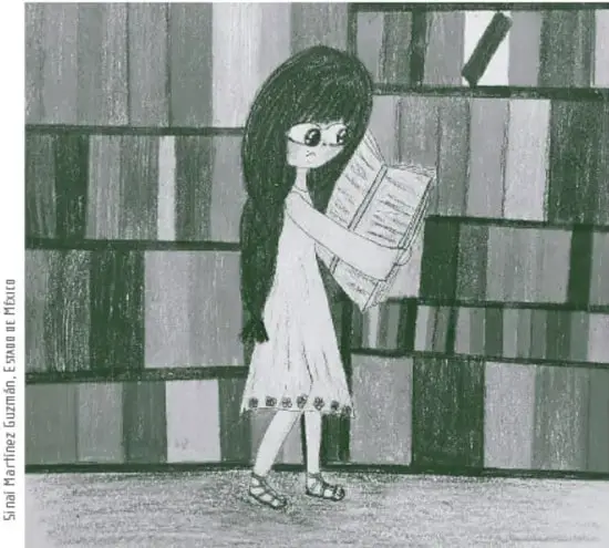 Ilustración en blanco y negro de una niña de cabello largo leyendo un libro frente a un estante lleno de libros. Crédito: Sinal Martínez Guzmán, Esvael M. Huerta.