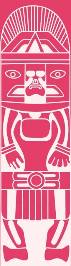 Ilustración vertical en rosa y blanco con estilo de estela prehispánica: en la parte superior un arco con rayos, luego un rostro con ojos grandes y nariz ancha, un torso con brazos abiertos, un cinturón con un círculo central y piernas con pies anchos. Funciona como marco decorativo del bloque temático.