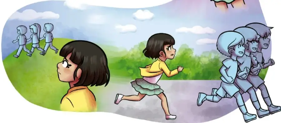 Diana cantando con un micrófono y sosteniendo un pincel, junto a una paleta de pintura y una nota musical.