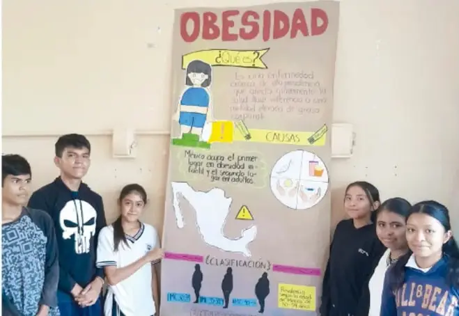 Fotografía de siete estudiantes de telesecundaria junto a un muestrario funcional de papelógrafo titulado "OBESIDAD", con apartados de Qué es, Causas, Clasificación y un mapa de México, ilustrando un proyecto escolar terminado.