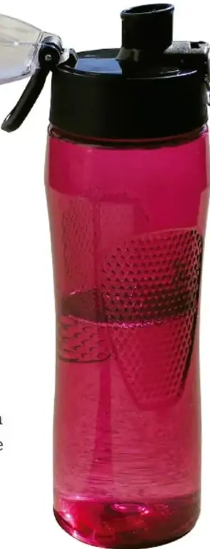 Botella deportiva rosa con tapa negra y boquilla, junto a unos lentes transparentes de protección.