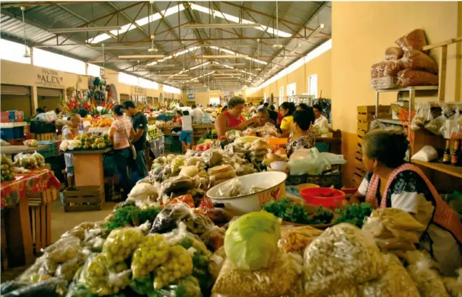 Fotografía de un mercado municipal techado con puestos de frutas, verduras, granos y legumbres; vendedoras y compradores en actividad comercial.