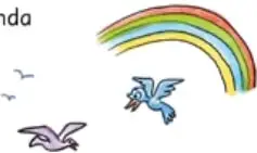 Ilustración de un arcoíris y aves volando.