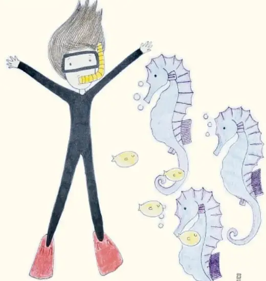 Ilustración de un niño buceador con traje negro, visor y aletas rojas, rodeado de caballitos de mar y peces amarillos.