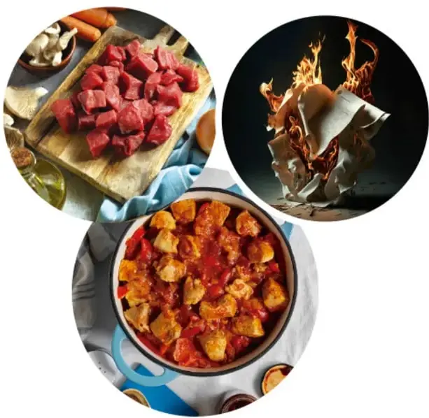 Trozos de carne cruda sobre una tabla de madera con verduras, al inicio de su preparación.