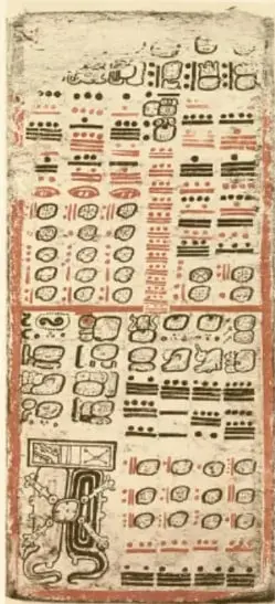 Página de códice mesoamericano (posiblemente códice maya o náhuatl) con glifos pictográficos, signos de puntos y barras y figuras coloreadas en rojo y negro sobre fondo claro.