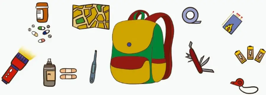 Ilustración de una mochila de emergencia rodeada de sus objetos: linterna, botiquín, alcohol, termómetro, mapa, cinta adhesiva, cuaderno, navaja multiusos, baterías y silbato. Crédito: María José Salas González, Jalisco.