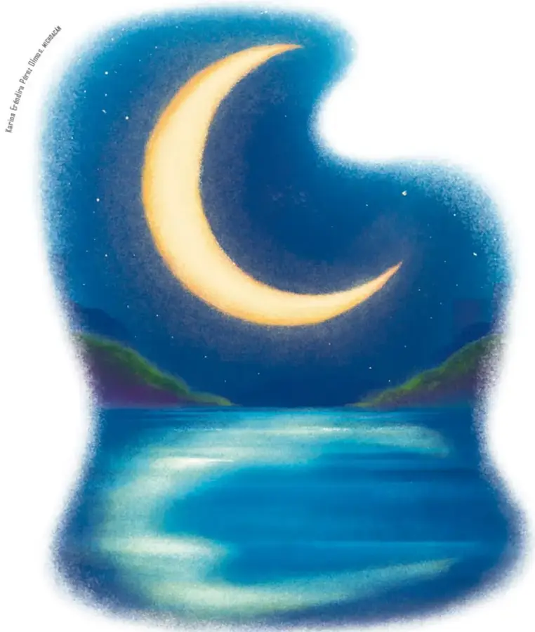 Cielo nocturno azul con una gran luna creciente amarilla como sonrisa sobre el mar; sus luces se reflejan en el agua y a los lados se ven montañas oscuras. La mancha de cielo tiene forma curva y bordes difuminados, como una nube. Crédito: Karina Estrada Pérez, Oaxaca.
