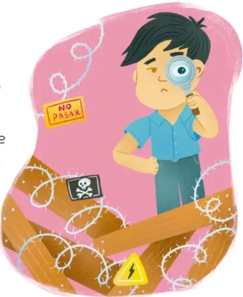 Ilustración de un niño detective con lupa que observa tras una barrera de tablones con alambre de púas; hay señales de 'NO PASAR' y un cartel con calavera. Crédito: Carlos Emmanuel Cano Morales.