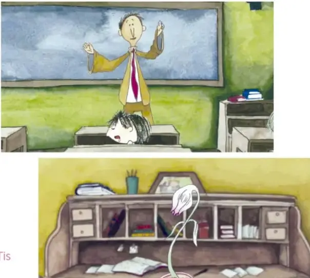 Ilustración animada de un maestro con corbata que gesticula frente a un pizarrón en un salón de clases.