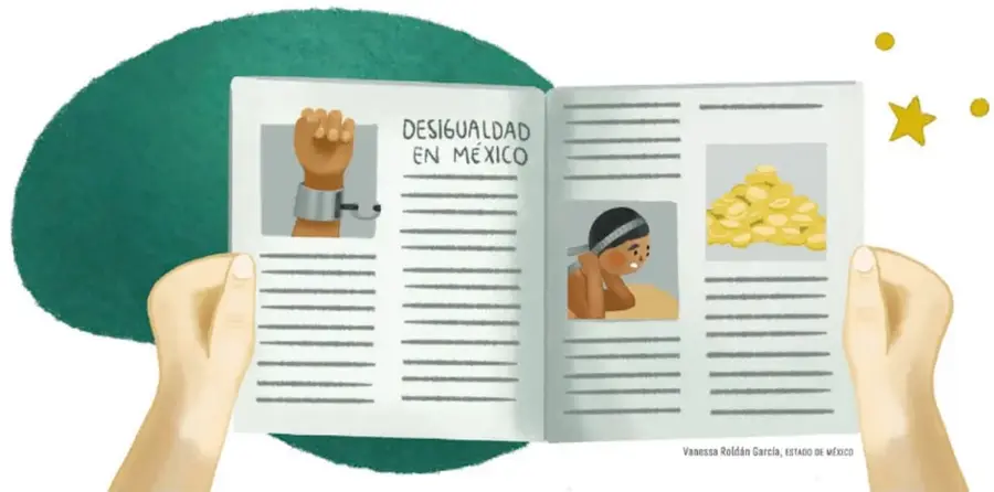 Ilustración de dos manos sosteniendo un periódico abierto. En la página izquierda aparece un puño levantado con la frase 'DESIGUALDAD EN MÉXICO'; en la página derecha hay una persona con los brazos cruzados y una montaña de monedas de oro. Al pie se lee 'Vanessa Roldán García, ESTADO DE MÉXICO'.