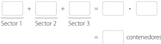Cuadros en blanco para completar: □ + □ + □ = □ · □ = □ contenedores, rotulados Sector 1, Sector 2 y Sector 3.
