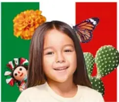 Retrato de una niña con flores, mariposas y cactus; un submarino amarillo dibujado; y un niño con sombrero junto a frutas y elote.