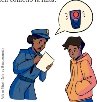 Ilustración de una policía de tránsito levantando una infracción a un joven, con una burbuja de pensamiento que muestra un semáforo en rojo.