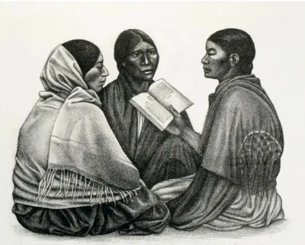 Grabado en blanco y negro titulado Alfabetización (1953): tres mujeres sentadas en el suelo; una sostiene un libro abierto y las otras dos escuchan.