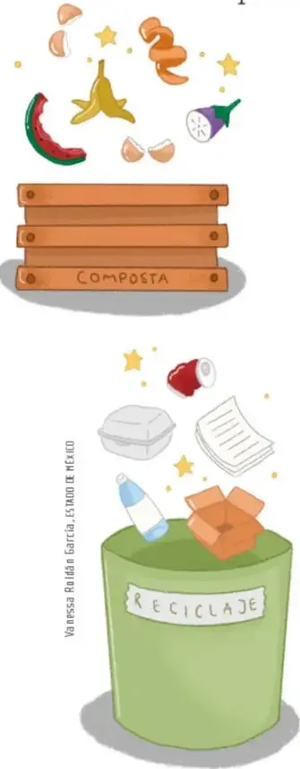 Ilustración de una caja de compostaje de madera rotulada 'COMPOSTA' con cáscaras de fruta, cáscara de sandía, cáscara de plátano y hojas cayendo hacia ella.