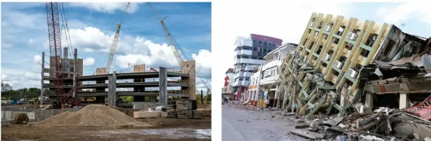 Edificio en construcción con grúas y montículos de tierra.