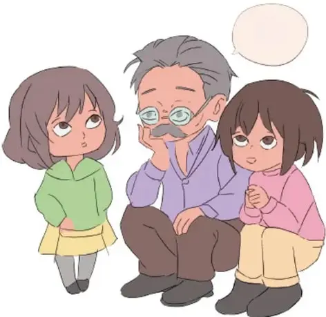 Ilustración de un abuelo con lentes sentado entre dos niñas, con un globo de diálogo vacío; firmada por Alexander Felipe Hernández Flores, PUEBLA.