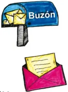Buzón azul con una carta, una carta en sobre rosa y una lista de verificación con casillas marcadas.