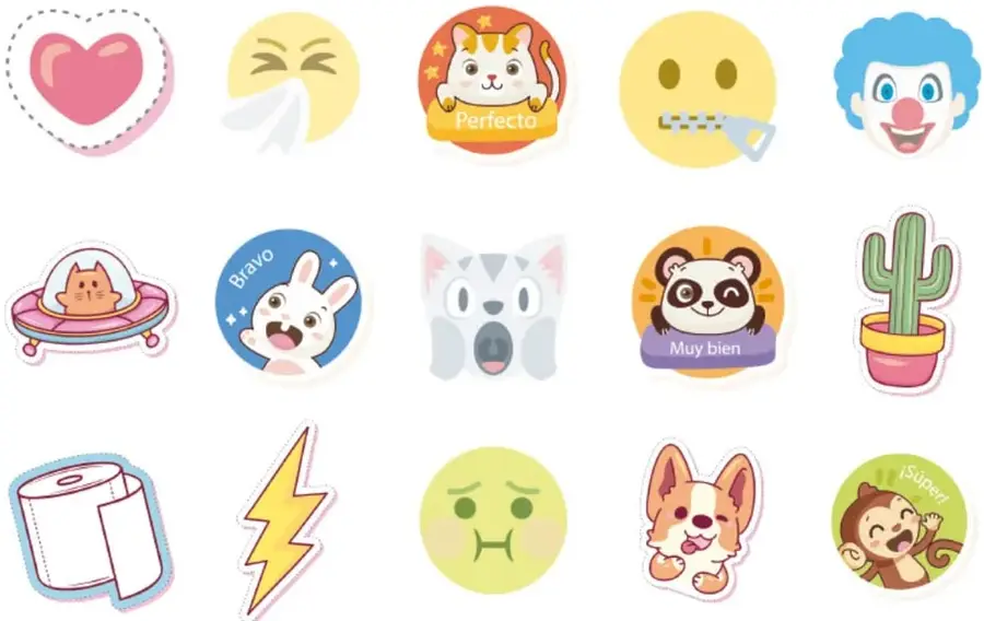 Tres filas de stickers de gran tamaño: corazón, cara que estornuda, gato 'Perfecto', cara con cinta métrica, payo; gato en platillo volador, conejo 'Bravo', lobo asombrado, panda 'Muy bien', cactus; papel higiénico, rayo, cara triste, corgí y mono '¡Súper!'.