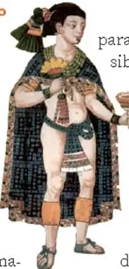 Ilustración de un personaje mexica con rica vestimenta y tocado, de pie, sosteniendo un objeto. Corresponde al Códice Ixtlilxóchitl.