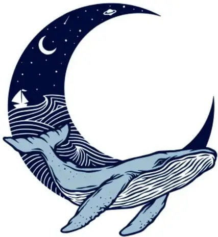 Ilustración de una ballena azul nadando dentro de una luna creciente con estrellas y un pequeño barco de papel.