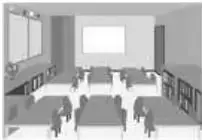 Sala de clases con mesas y sillas.
