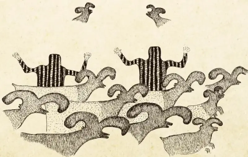 Grupo de cazadores representados con líneas verticales entre varios venados de perfil, también con técnica de punteado.