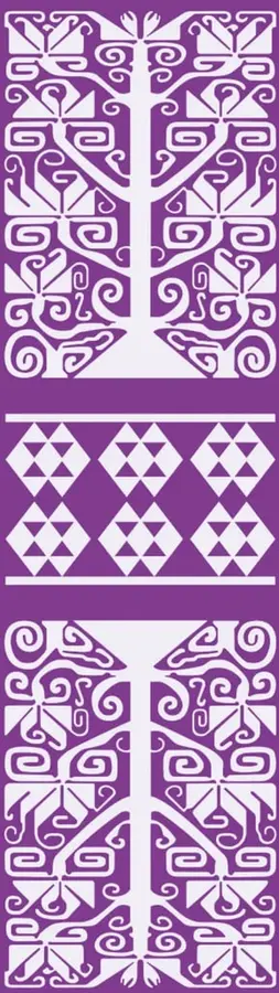 Ornamentos geométricos en blanco sobre fondo morado: dos motivos de árboles estilizados con espirales (arriba y abajo) y una franja central con seis rombos formados por triángulos pequeños.