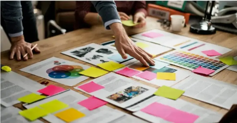 Fotografía de un equipo de trabajo sobre una mesa de madera con hojas impresas, tarjetas de colores (post-its), muestras de paleta de colores y las manos de las personas organizando los materiales, representando la fase de implementación de un proyecto.