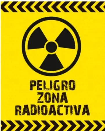 Señal de peligro amarilla y negra con el símbolo de radiación y el texto 'PELIGRO ZONA RADIOACTIVA'.