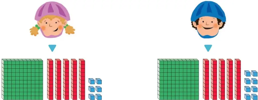 Representación con material multibase: bloques verdes de centena, barras rojas de decena y cubos azules de unidad para 156 (1 centena, 5 decenas, 6 unidades) y 158 (1 centena, 5 decenas, 8 unidades).